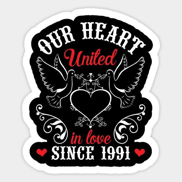 Husband Wife Our Heart United In Love Since 1991 Happy Wedding Married 29 Years Anniversary Sticker by joandraelliot